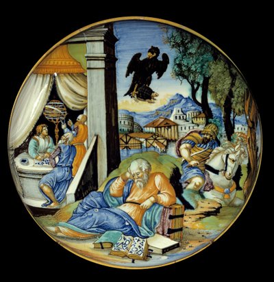 Lavbenssnit: Allegori om skæbne. Fajance. Lavet af Francesco Avelli Xanto (aktiv omkring 1530/1540) af Francesco Xanto Avelli