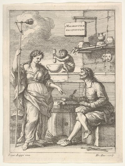 En abe, der arbejder med morter og støder, under Lorenzo Lippi skriver sin humoristiske ..., ca. 1710-64. af Francesco Zuccarelli