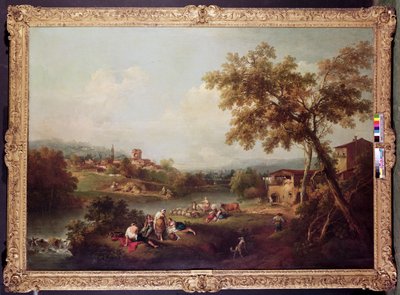 Et omfattende flodlandskab med en landsby af Francesco Zuccarelli