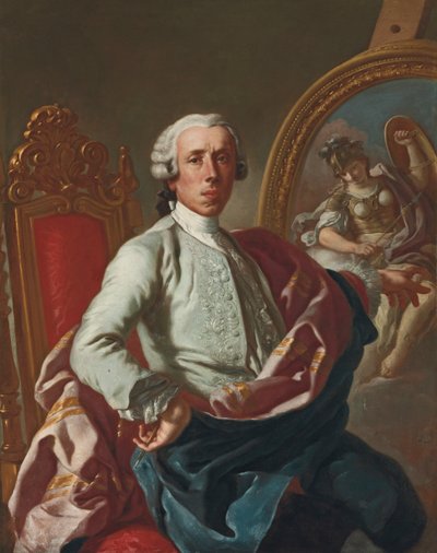 Portræt af kunstneren, trekvart-længde, siddende, med en blyant, ved et staffeli med et billede af Minerva af Francesco de Mura