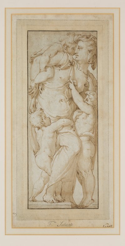 Studie af en kvinde og Putti (blæk og vask) af Francesco de Rossi (follower of) Salviati