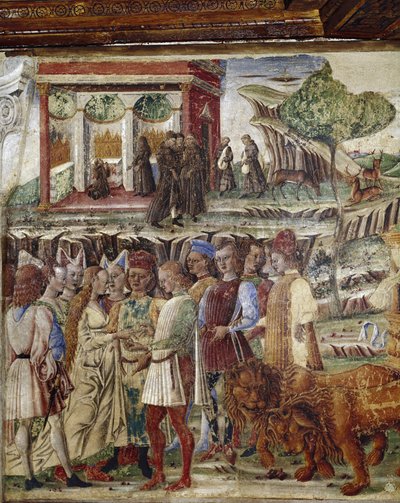 Allegori af juli måned, detalje af Jupiters triumf, en bryllupsscene detalje - fresko af Francesco del Cossa (ca. 1436-vers 1478) Ferrara (Ferrara) Palazzo Schifanoia, Salone dei Mesi af Francesco del Cossa