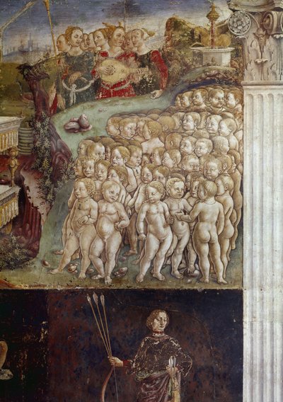 Allegori om maj måned, detalje om Apollons triumf, nøgne børn og ni muser detaljeret fresko af Francesco del Cossa (ca. 1436-omkring 1478) Ferrara (Ferrara) Palazzo Schifanoia, Salone dei Mesi af Francesco del Cossa