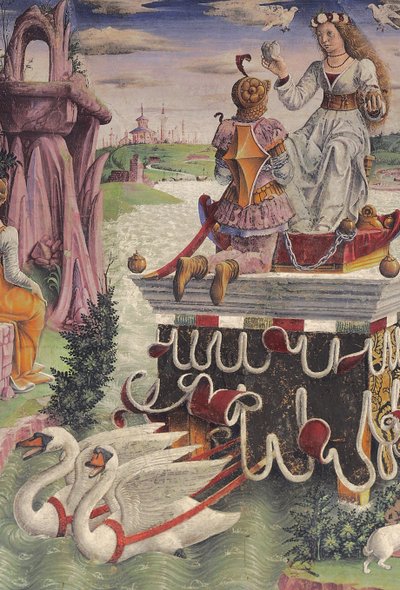 Venus triumf og Tyrens tegn, scener fra april måned, østvæg, Månedens Hall, Palazzo Schifanoia (Glædens Palads), Ferrara, Emilia-Romagna, Italien, ca. 1470 (fresco) (detalje af 763493) af Francesco del Cossa