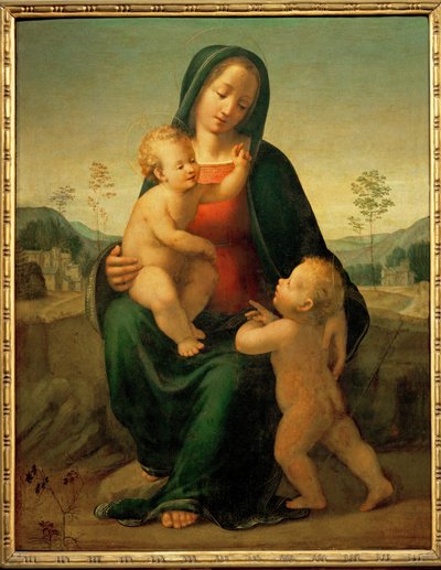 Madonna og barn med Johannes Døberen (maleri på træ) af Francesco di Cristofano Franciabigio