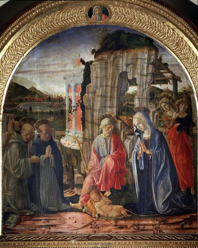 Fødsel med St. Bernard og St. Thomas Aquinas - Maleri af Francesco di Giorgio Martini