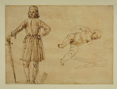 Et barn sidder; en stående mand holder et sværd ... af Francesco di Simone (attr. to)