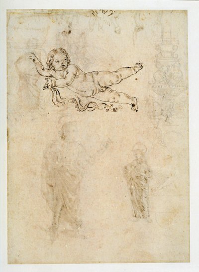 Studie af et barn; et skulpturelt ornament; en harpe ... af Francesco di Simone (attr. to)