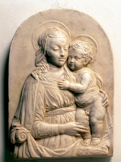 Jomfruen med barnet. Marmor lavrelief af Francesco di Simone da Fiesole Ferrucci