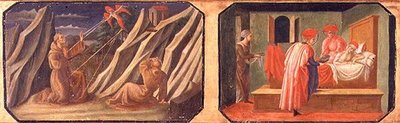 (LtoR) St. Frans af Assisi modtager stigmata, SS. Cosmas og Damian helbreder en syg mand; kopier af originale paneler, der udgør en del af Predella til Madonnaen og barnet på tronen af Filippo Lipp af Francesco di Stefano Pesellino