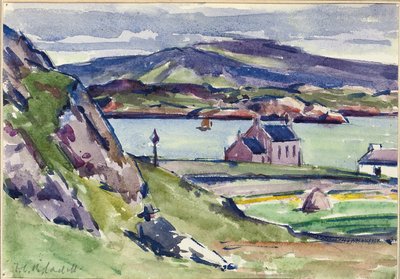 Figure og Kirk, Iona (blyant & w/c på papir) af Francis Campbell Boileau Cadell