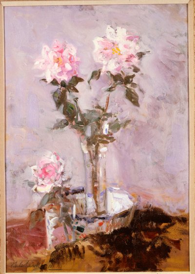 Lyserøde roser i en glasvase af Francis Campbell Boileau Cadell