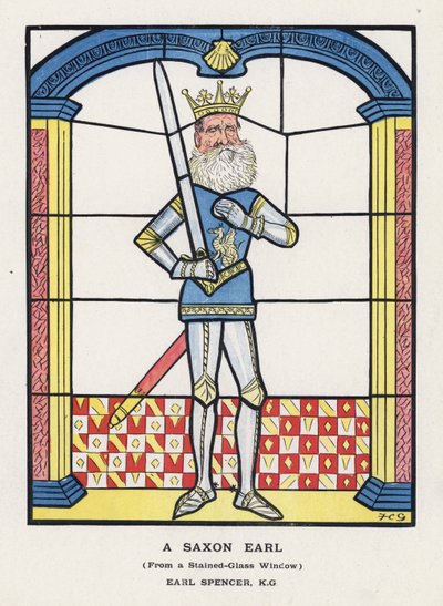 En saksisk jarl, fra et farvet glasvindue, Earl Spencer (farve litho) af Francis Carruthers Gould