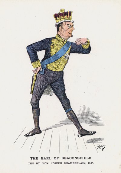 The Earl of Beaconsfield, The Rt Hon Joseph Chamberlain (farve litho) af Francis Carruthers Gould