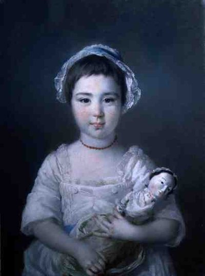 Et portræt af Lady Ann Fitzpatrick holder en dukke (olie på lærred) af Francis Cotes