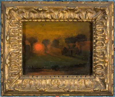 Solnedgang gennem træer, ca. 1855 (olie på kort) af Francis Danby