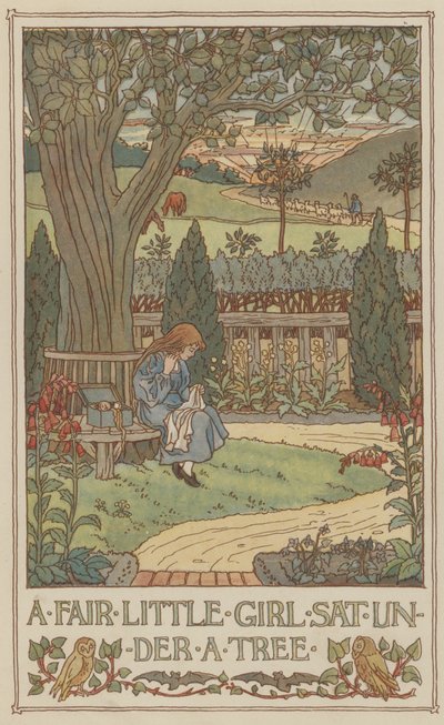 En smuk lille pige sad under et træ (farvelitografi) af Francis Donkin Bedford