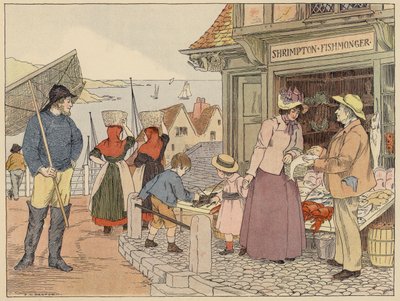Bedfords bog om butikker: Fiskehandler (farvelitografi) af Francis Donkin Bedford