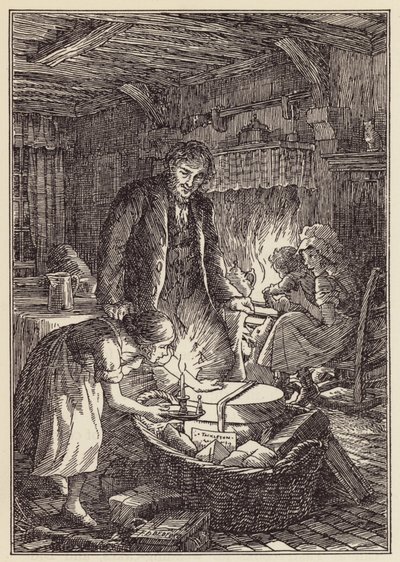Illustration til The Cricket on the Hearth af Charles Dickens (farvelitografi) af Francis Donkin Bedford