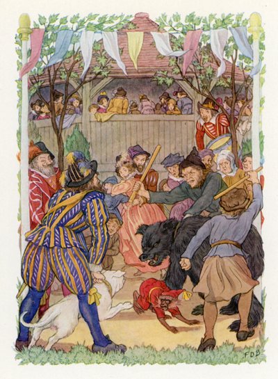 Det glade England: Baiting the Bear (farvelitografi) af Francis Donkin Bedford