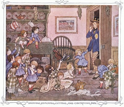 "Snipping, stitching, cutting and contriving, Papa", fra The Magic Fishbone, udgivet af Warne  Co, ca. 1940 (farvelitografi) af Francis Donkin Bedford