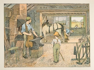 The Blacksmith, fra Four and Twenty Toilers, pub. 1900 (farvelitografi) af Francis Donkin Bedford