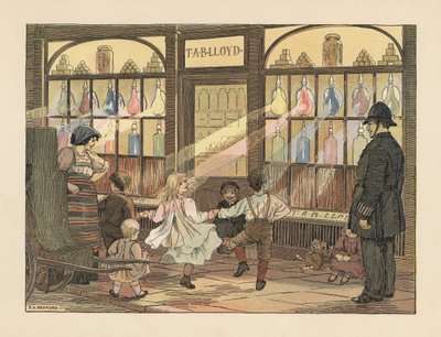 Victorianske børn danser foran et apotek, mens en politimand ser på. Kromolitografi efter en illustration af Francis Donkin Bedford fra Edward Verrall Lucas