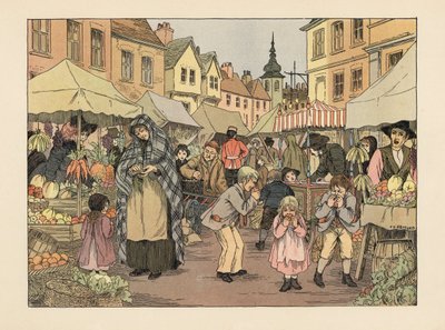 Victorianske børn spiser penny appelsiner fra frugt- og grøntsagsboder på et marked i Londons East End. Kromolitografi efter en illustration af Francis Donkin Bedford fra Edward Verrall Lucas