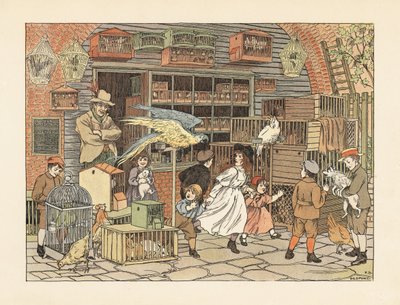 Victorianske børn leger med papegøjer og kakaduer i fuglehandlerens butik eller dyrehandel. Kromolitografi efter en illustration af Francis Donkin Bedford fra Edward Verrall Lucas
