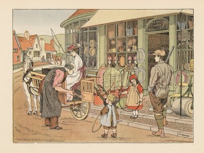 Victoriansk familie hos Henry Hoop, landsbyens jernhandler. Kromolitografi efter en illustration af Francis Donkin Bedford fra Edward Verrall Lucas