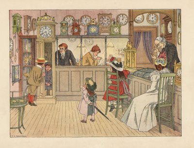 Victoriansk familie hos urmageren. Børn leger i et standur, mens en ekspedient ordner et ur. Kromolitografi efter en illustration af Francis Donkin Bedford fra Edward Verrall Lucas