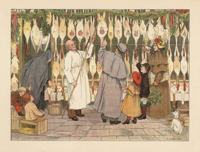 Victoriansk familie vælger en kalkun til jul hos fjerkræslagteren. Slagter i kittel med en krog fjerner en fugl. Kromolitografi efter en illustration af Francis Donkin Bedford fra Edward Verrall Lucas