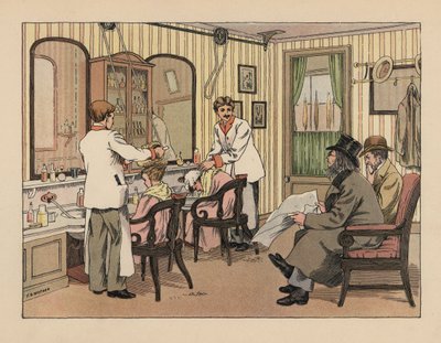 Victorianske herrer får deres hår vasket og behandlet med en hårbørstemaskine i en frisørsalon. Kromolitografi efter en illustration af Francis Donkin Bedford fra Edward Verrall Lucas