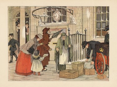 Victorianske mennesker poster breve nær juledag på posthuset. Kromolitografi efter en illustration af Francis Donkin Bedford fra Edward Verrall Lucas
