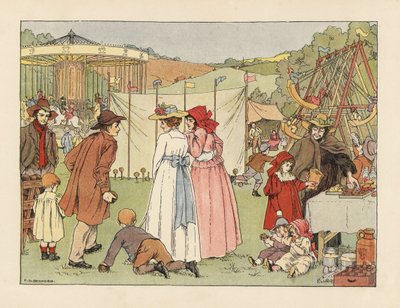 Victorianske unge ved en kokosnød, børn på gynger og karrusel ved et landsbymarked. Kromolitografi efter en illustration af Francis Donkin Bedford fra Edward Verrall Lucas
