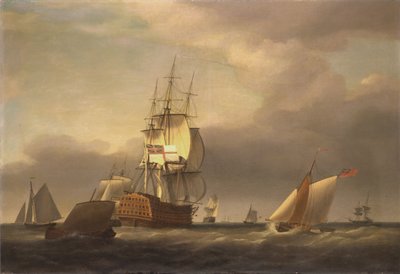 Et havbillede med krigsmænd og små fartøjer af Francis Holman