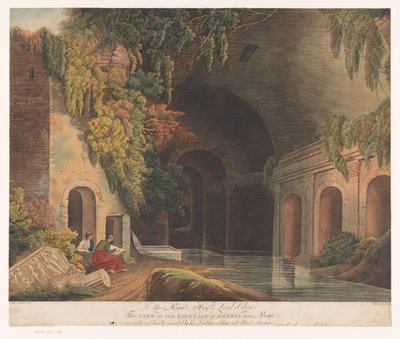 To kunstnere ved Nymphaeum of Egeria i Caffarella Park nær Rom Udsigt over Egeria-fontænen nær Rom (titel på objektet) af Francis Jukes
