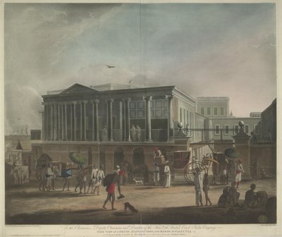 Udsigt over et hus, en fabrikk og en basar i Calcutta af Francis Jukes