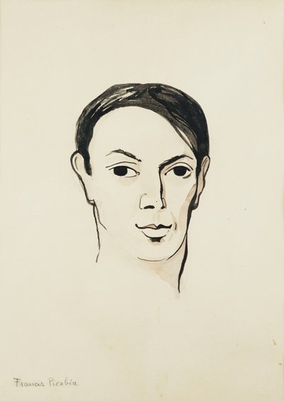 Portræt af Pablo Picasso; Portrait de Pablo Picasso, ca. 1902-1905 (akvarel, pensel og sort blæk og blyant på papir) af Francis Picabia