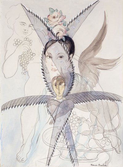 Transparence - Head and Winged Horse; Transparence - Tete et Cheval Aile, ca. 1928 (akvarel, gouache, sort kridt og blyant på papir) af Francis Picabia
