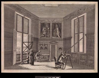 Tre figurer, der bruger astronomisk udstyr i det store stjernerum eller det ottekantede rum, som det kaldes i dag, på Det Kongelige Observatorium, ca. 1676 (kobberstik) af Francis Place