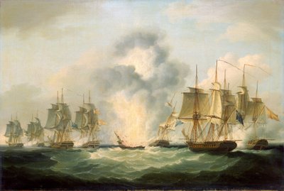 Fire britiske fregatter erobrer spanske skattetransportskibe, der skal styrke Frankrigs krigsindsats, 5. oktober. af Francis Sartorius