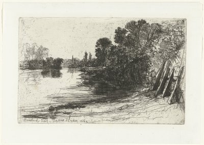Bank of the Thames i Brentford Brentford Ferry (titel på objekt) af Francis Seymour Haden (Sir) (signed by artist)