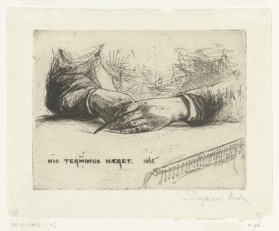 To hænder, tegner med kridt Hænder, der holder en farveblyant Hic Terminus Haeret (titel på objekt) af Francis Seymour Haden (Sir) (signed by artist)