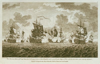 Tolv billeder af søslag. The Glorious Action off Cape Francois Octr 21 1757, between the English, and seven French ships of War wherin the latter were entirely defeated. (radering) af Francis Swaine
