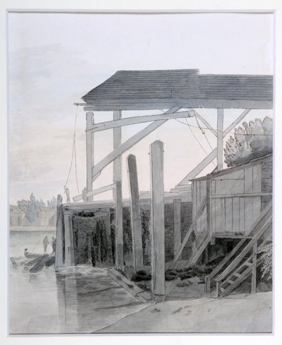 A Wharf, ca. 1800 (pen & blæk med akvarel på papir) af Francis Towne