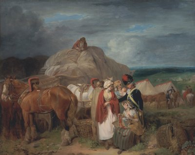 Soldat med landkvinder, der sælger bånd, nær en militærlejr af Francis Wheatley