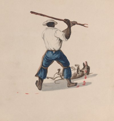 En mand set bagfra slå en hund med en pind, fra en gruppe tegninger, der viser..., ca. 1848 af Francisco