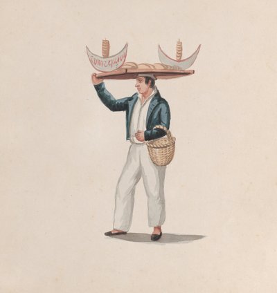 En tortillasælger, der balancerer en bakke på hovedet, fra en gruppe tegninger, der forestiller peruansk..., ca. af Francisco