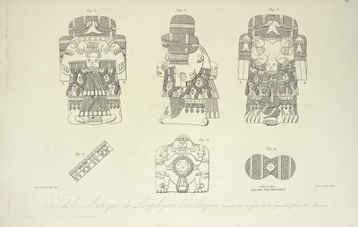 Aztec Idol of Basaltic Porphyry, fundet under Grand Plaza of Mexico City, indgraveret af Cloquet, illustration fra 